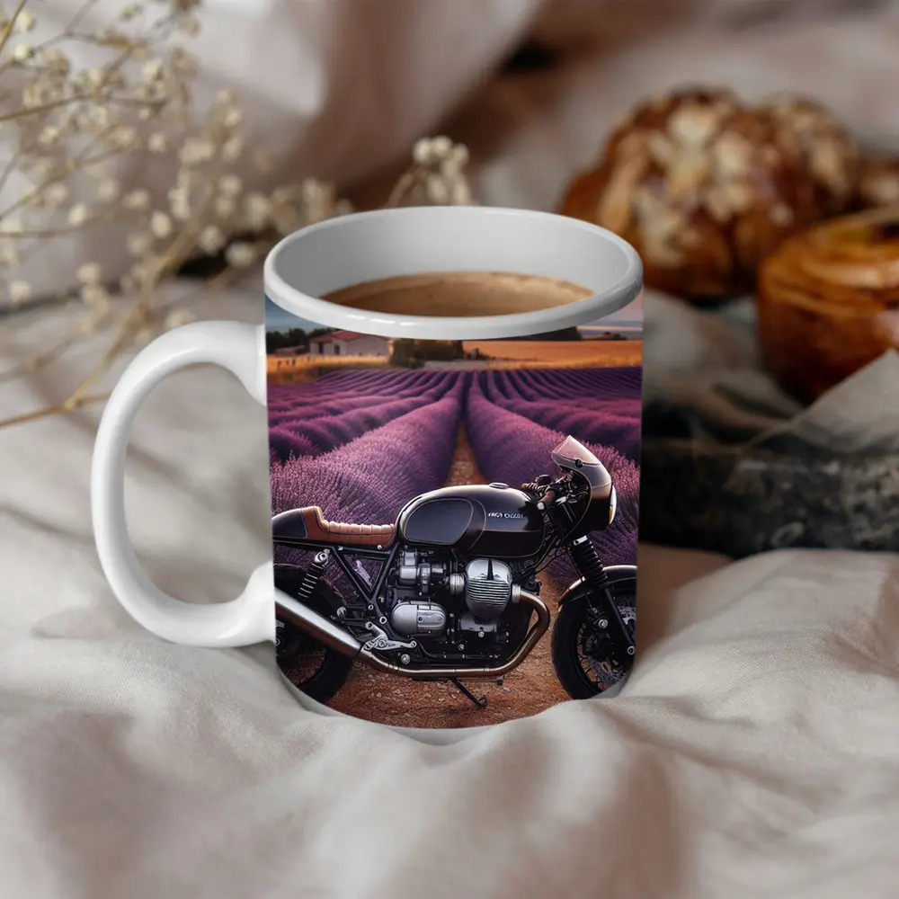 Cafe Racer Motorcycle Lavender Fields Sunset – Mugs