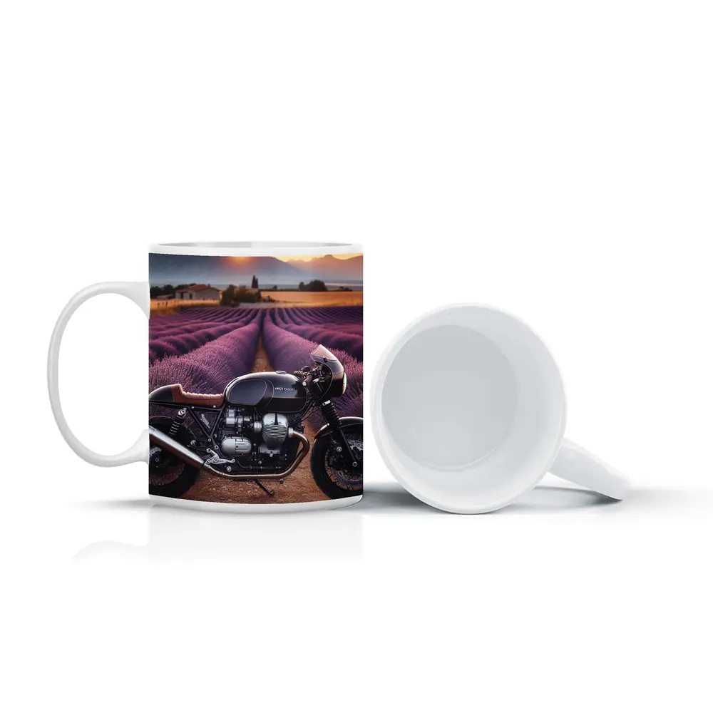Cafe Racer Motorcycle Lavender Fields Sunset – Mugs