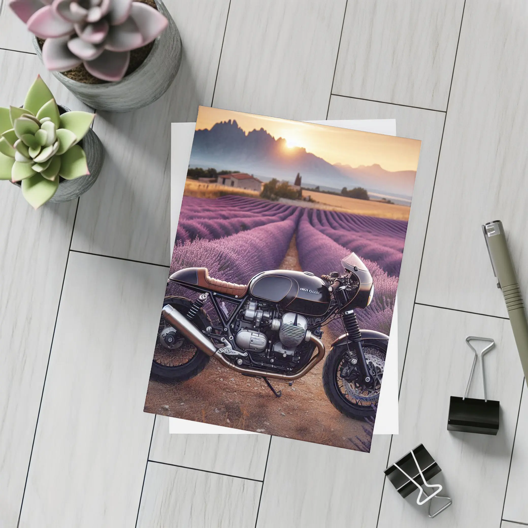 Cafe Racer Motorcycle Lavender Fields Sunset – Postcards