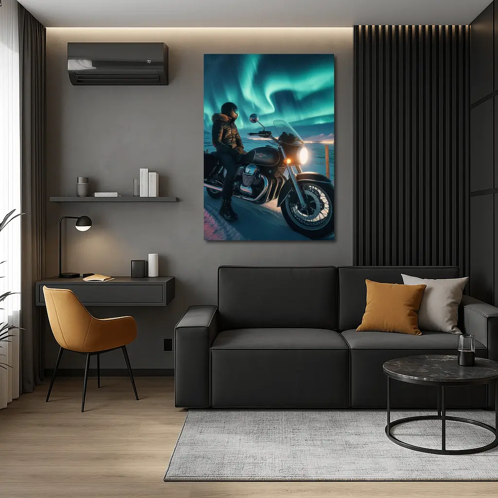 Cruiser Motorcycle Rider Under Northern Lights – Wall Art