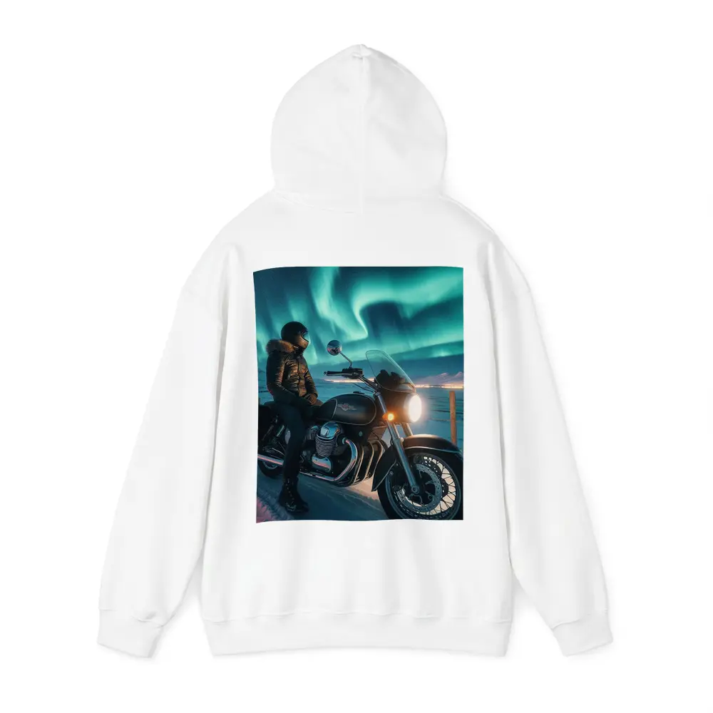 Cruiser Motorcycle Rider Under Northern Lights – Hoodies