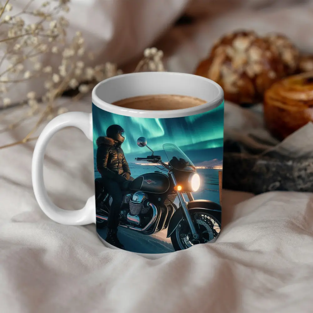 Cruiser Motorcycle Rider Under Northern Lights – Mugs