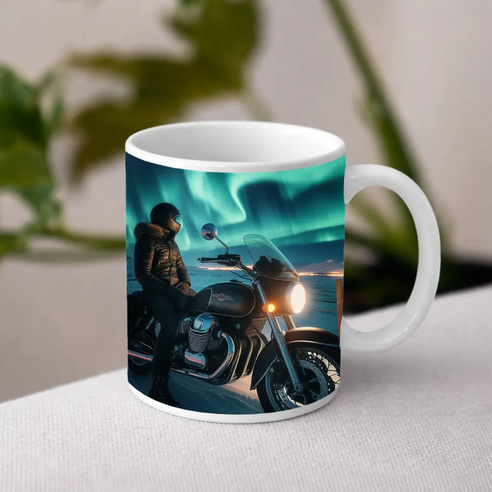Cruiser Motorcycle Rider Under Northern Lights – Mugs