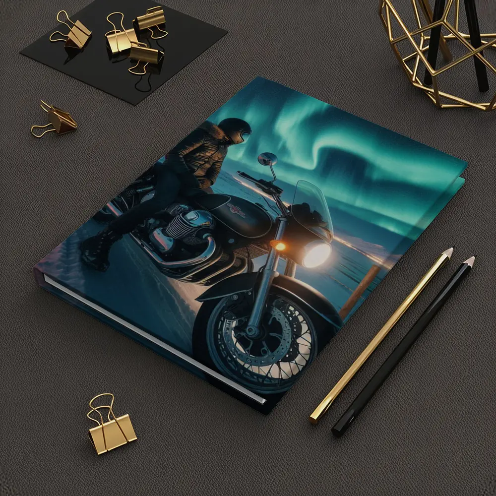 Cruiser Motorcycle Rider Under Northern Lights – Notebooks
