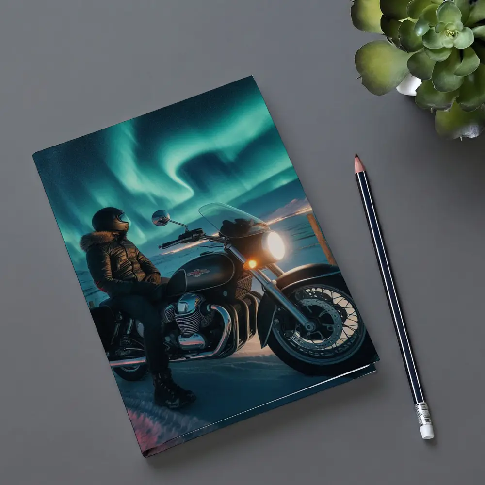 Cruiser Motorcycle Rider Under Northern Lights – Notebooks