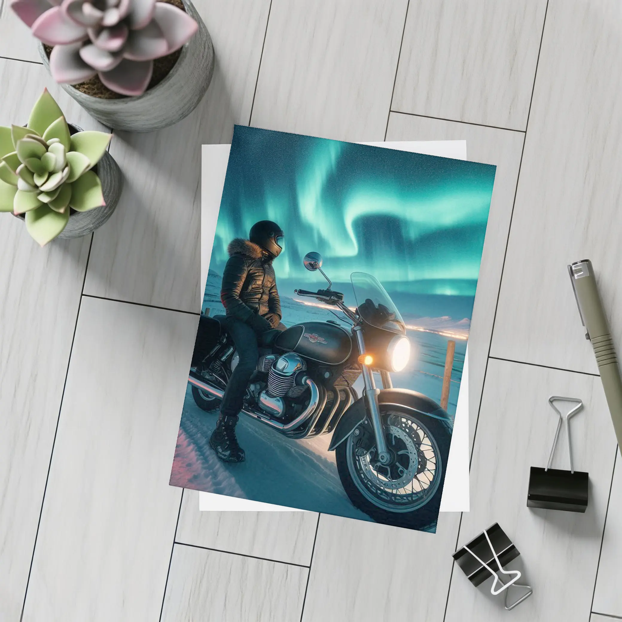 Cruiser Motorcycle Rider Under Northern Lights – Postcards