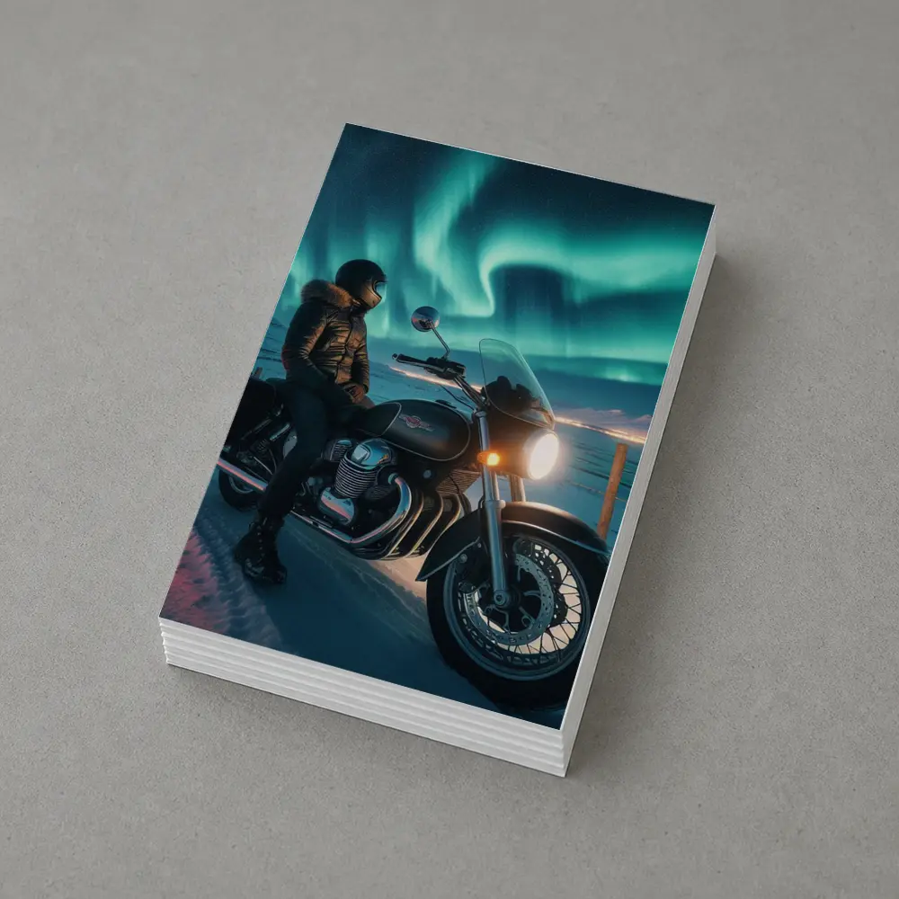 Cruiser Motorcycle Rider Under Northern Lights – Postcards