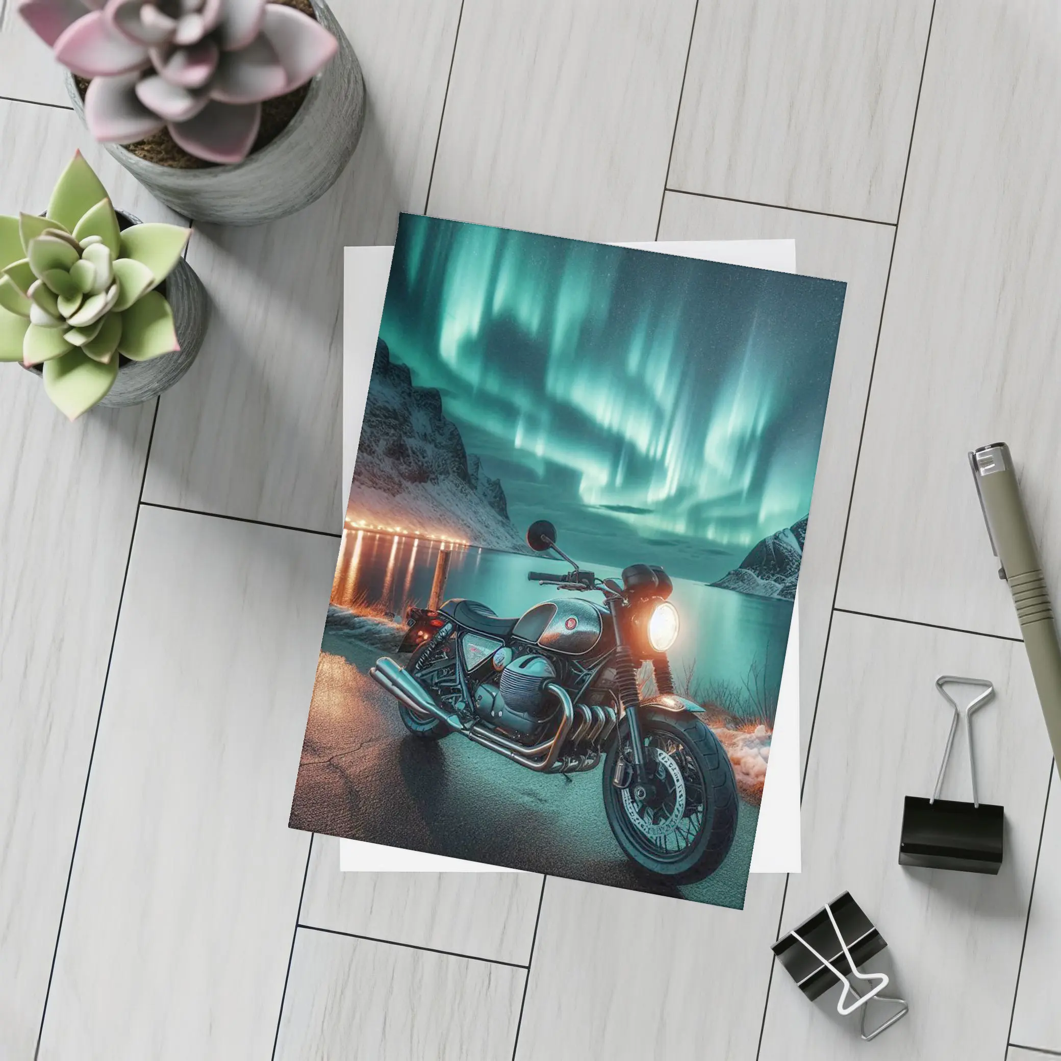 Classic BMW Motorcycle Aurora Borealis Night – Postcards