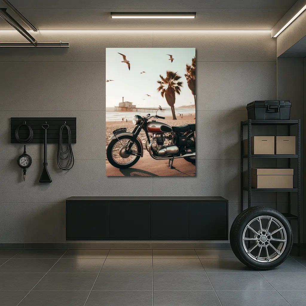 Classic Cruiser Motorcycle Parked At Beach – Wall Art