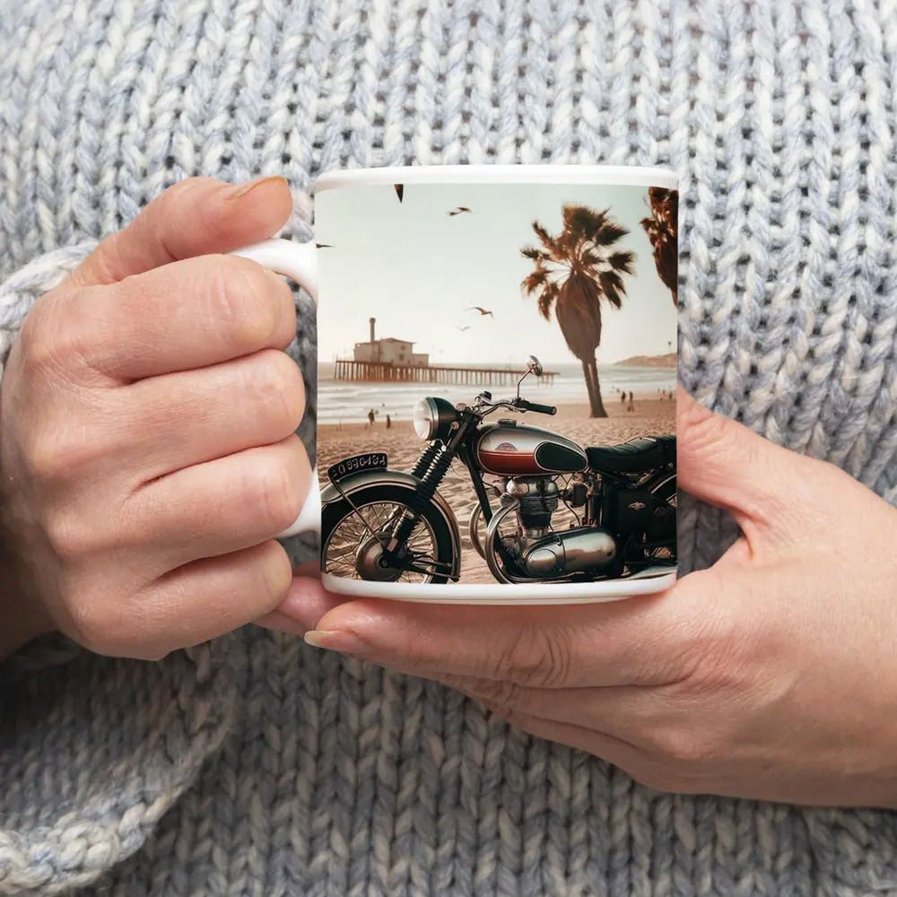 Classic Cruiser Motorcycle Parked At Beach – Mugs