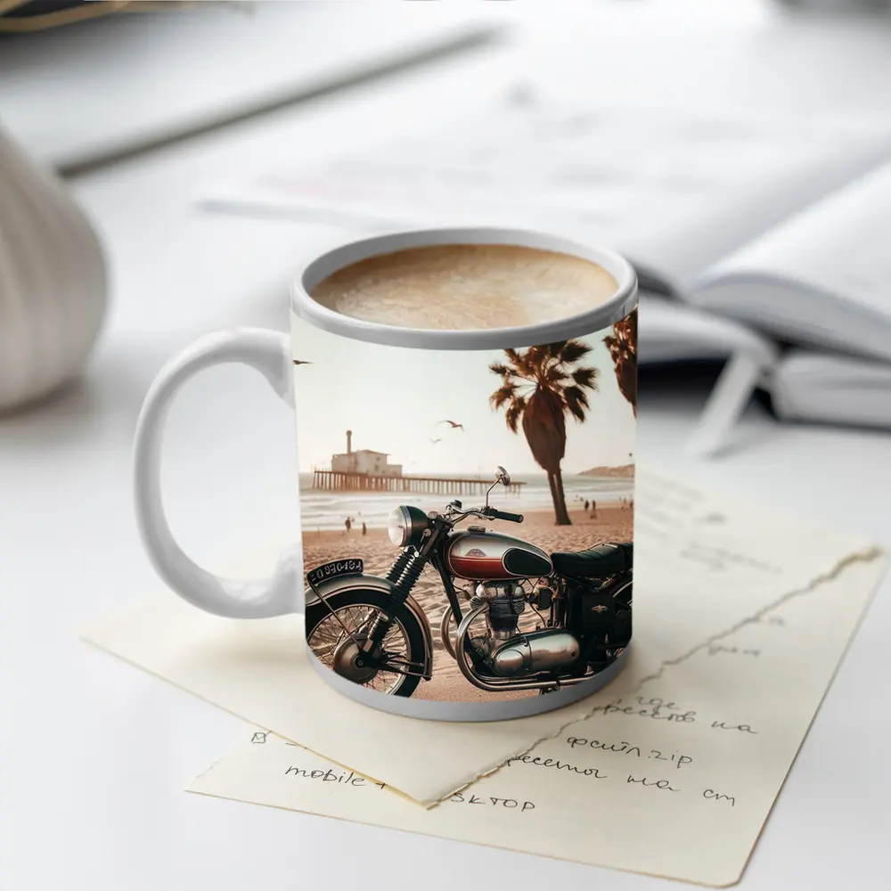 Classic Cruiser Motorcycle Parked At Beach – Mugs