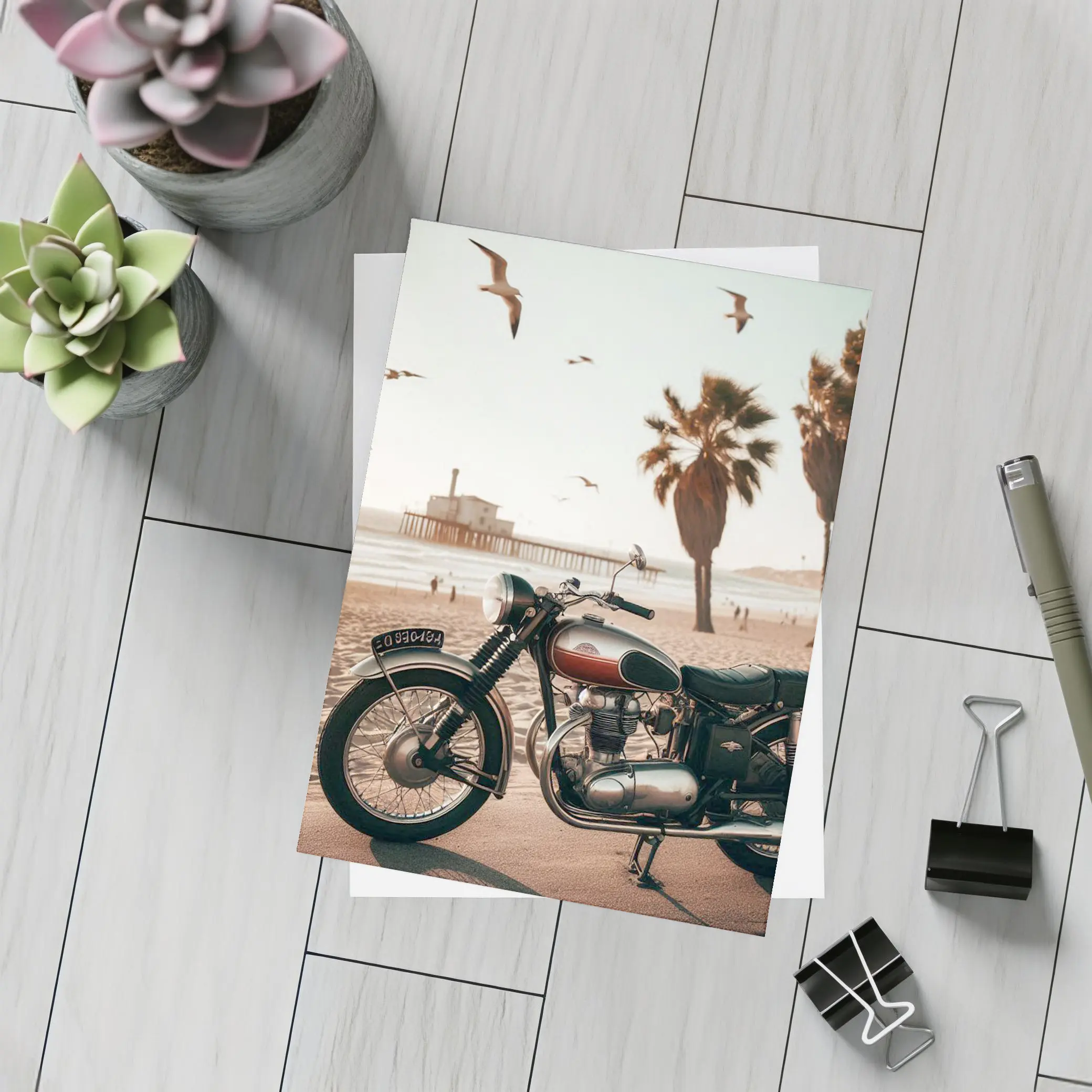 Classic Cruiser Motorcycle Parked At Beach – Postcards