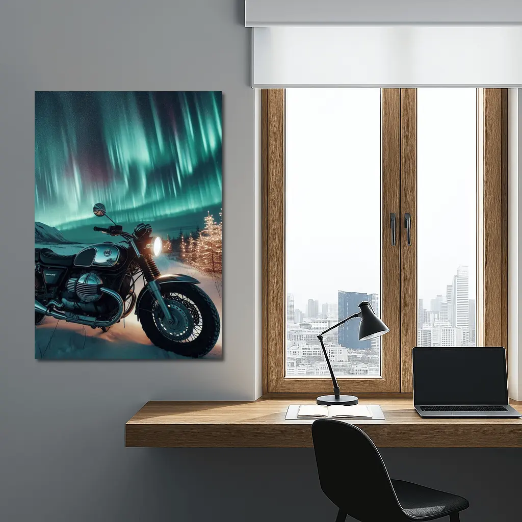 Classic Cafe Racer Motorcycle Northern Lights Winter – Wall Art