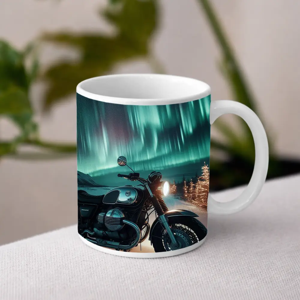 Classic Cafe Racer Motorcycle Northern Lights Winter – Mugs