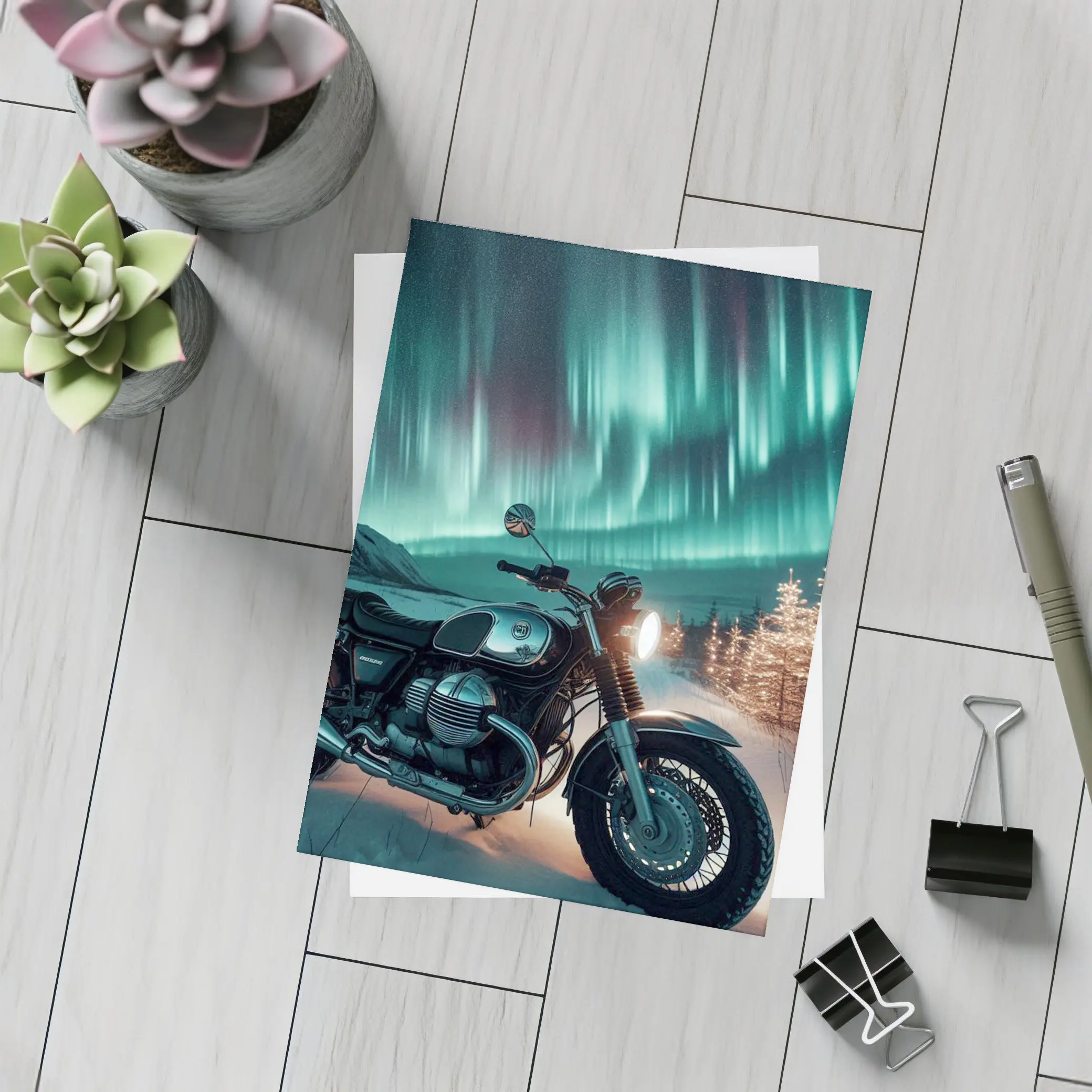 Classic Cafe Racer Motorcycle Northern Lights Winter – Postcards