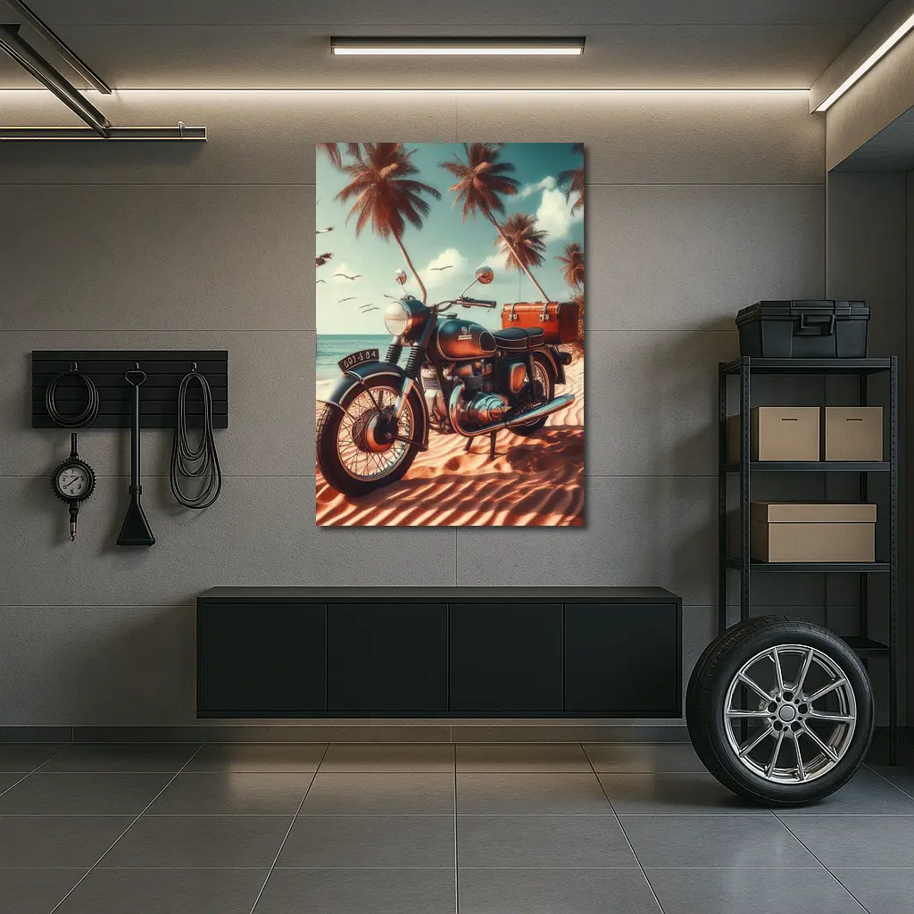 Vintage Classic Motorcycle Parked on Tropical Beach – Wall Art