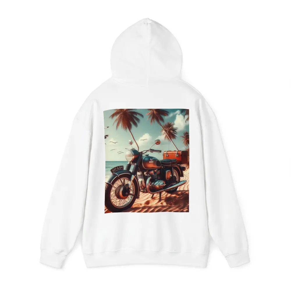 Vintage Classic Motorcycle Parked on Tropical Beach – Hoodies