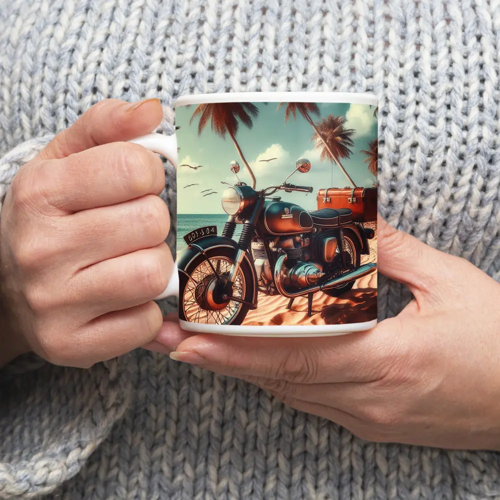 Vintage Classic Motorcycle Parked on Tropical Beach – Mugs