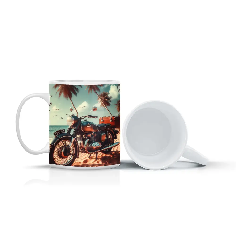 Vintage Classic Motorcycle Parked on Tropical Beach – Mugs