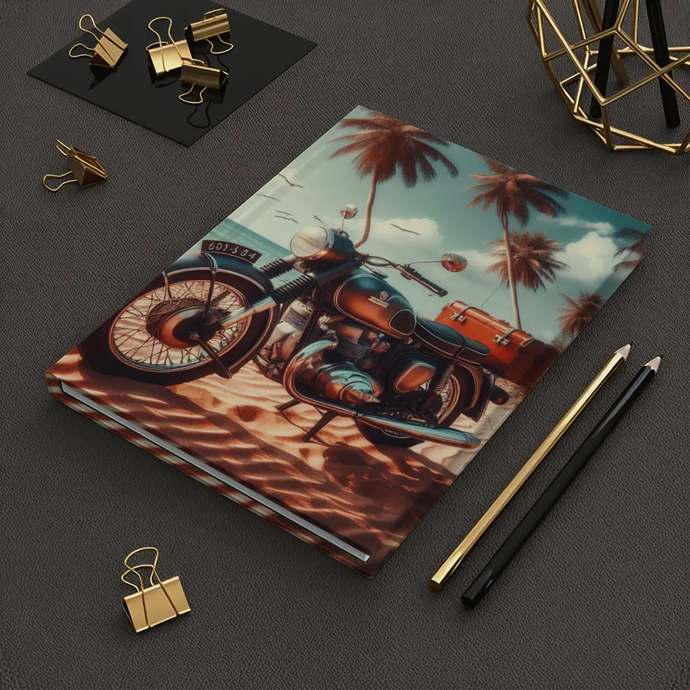 Vintage Classic Motorcycle Parked on Tropical Beach – Notebooks