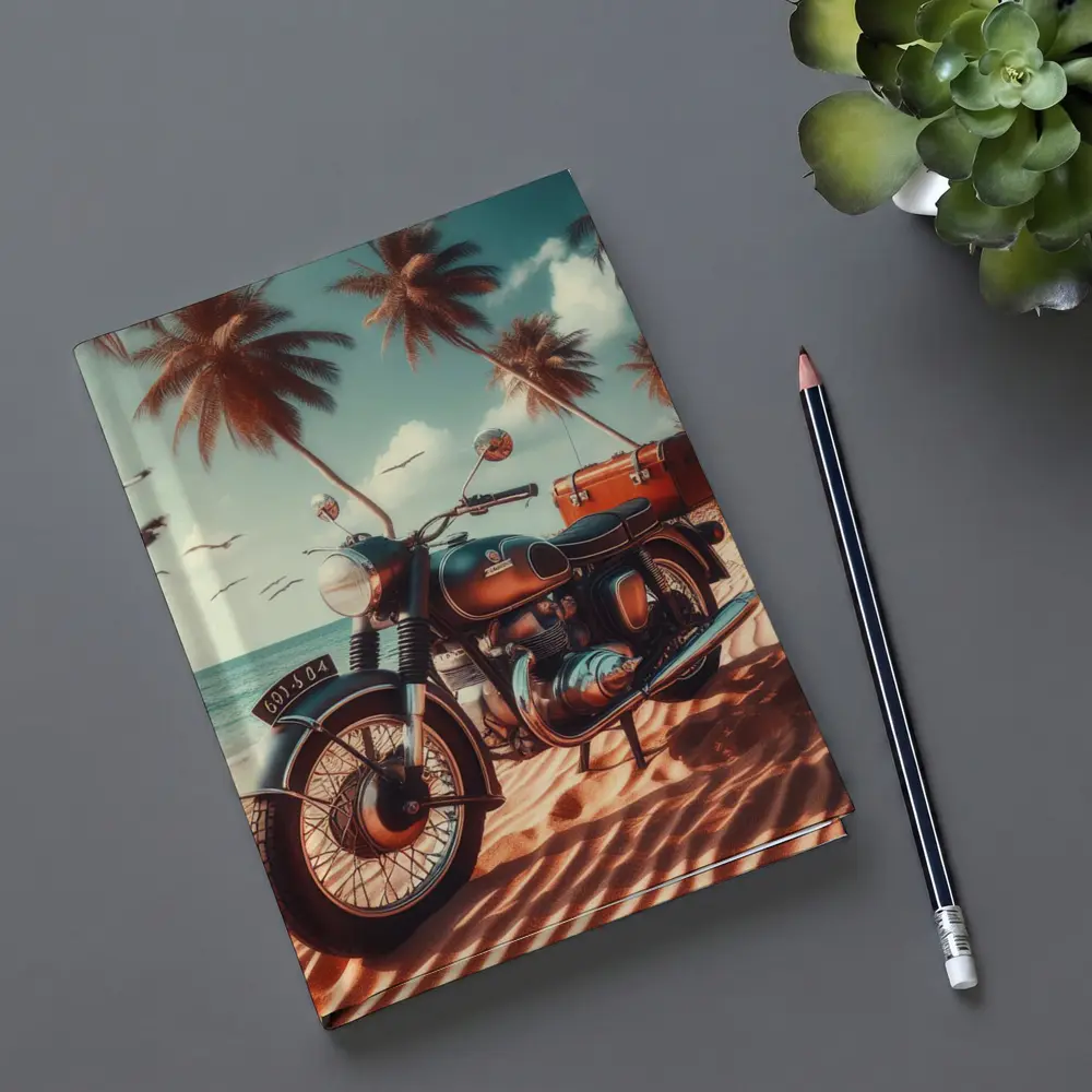 Vintage Classic Motorcycle Parked on Tropical Beach – Notebooks