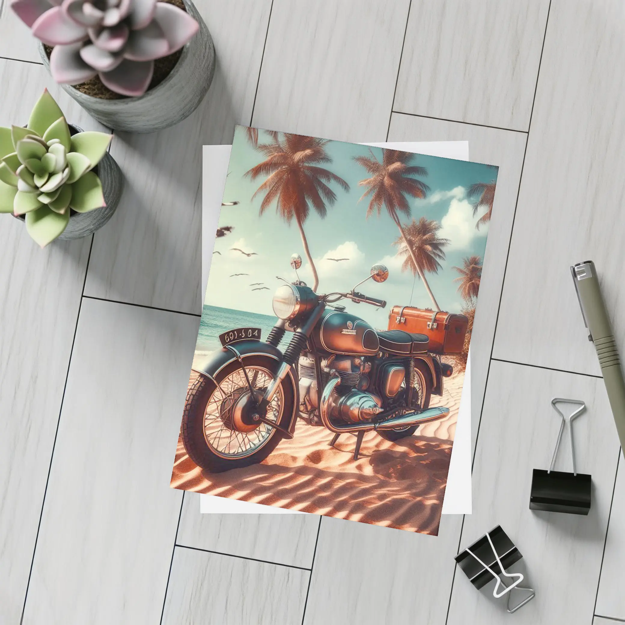 Vintage Classic Motorcycle Parked on Tropical Beach – Postcards