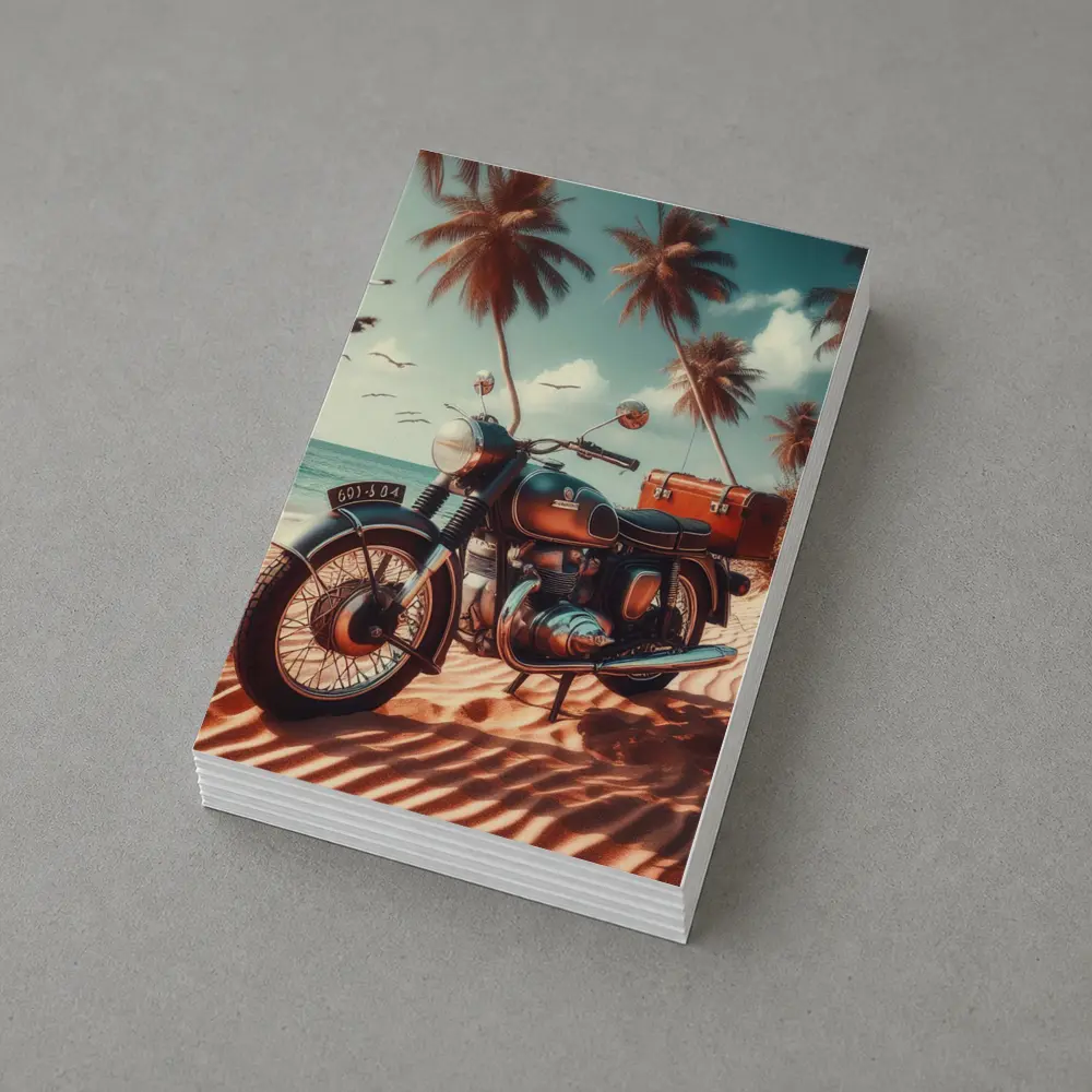 Vintage Classic Motorcycle Parked on Tropical Beach – Postcards