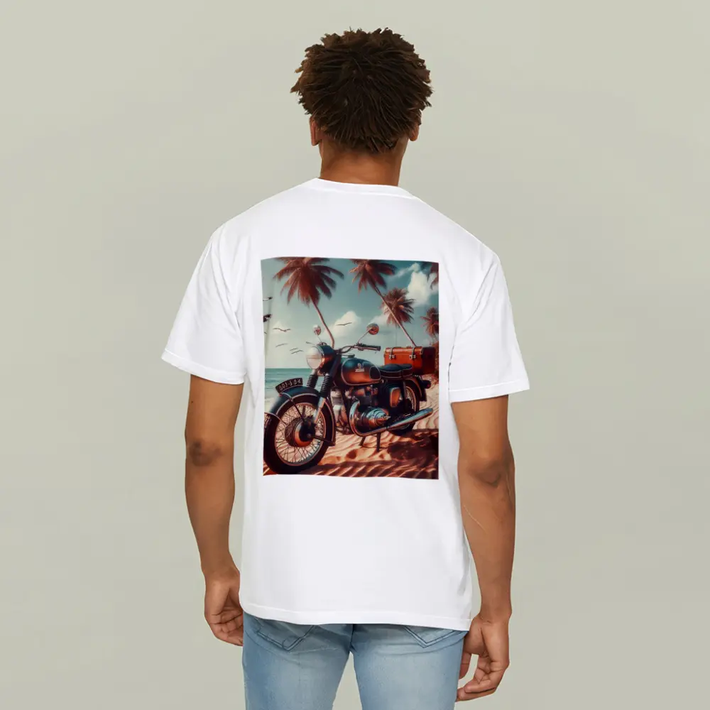 Vintage Classic Motorcycle Parked on Tropical Beach – T-Shirts