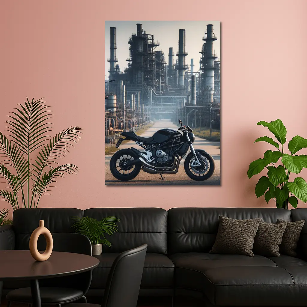 Black Naked Bike Industrial Refinery Background – Wall Art