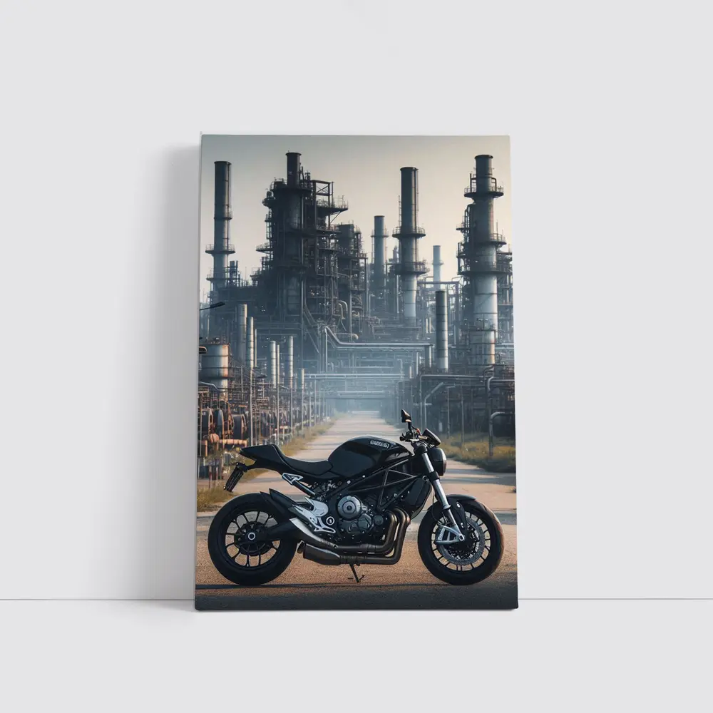 Black Naked Bike Industrial Refinery Background – Wall Art