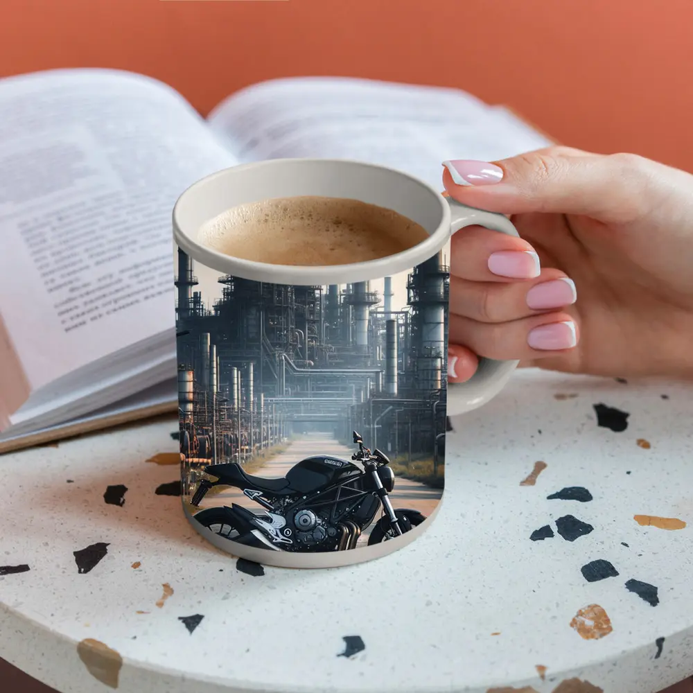Black Naked Bike Industrial Refinery Background – Mugs