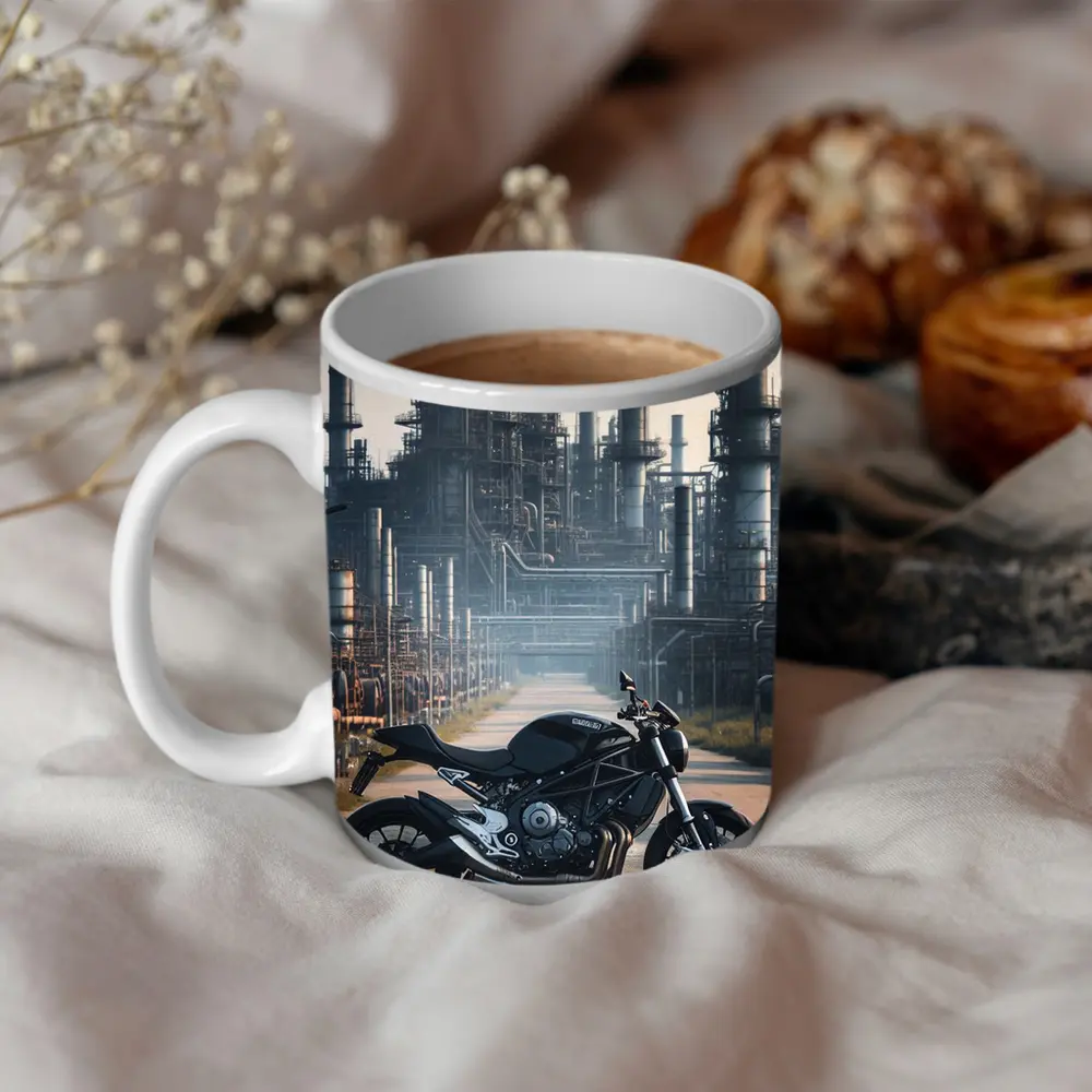Black Naked Bike Industrial Refinery Background – Mugs