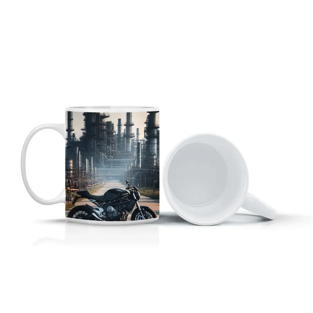 Black Naked Bike Industrial Refinery Background – Mugs