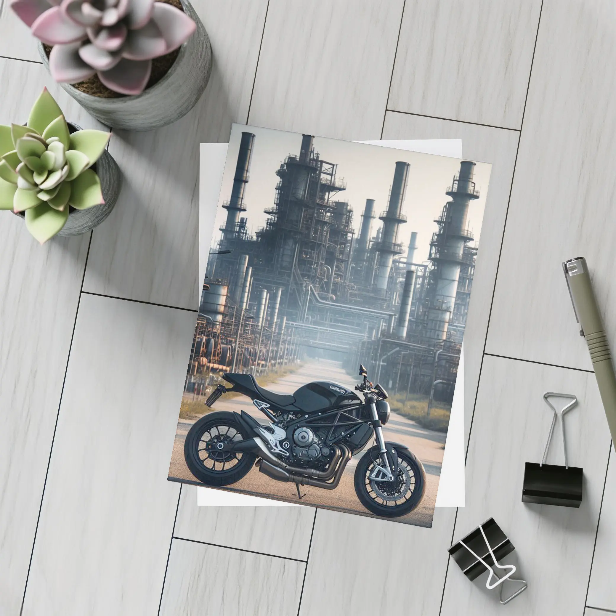 Black Naked Bike Industrial Refinery Background – Postcards