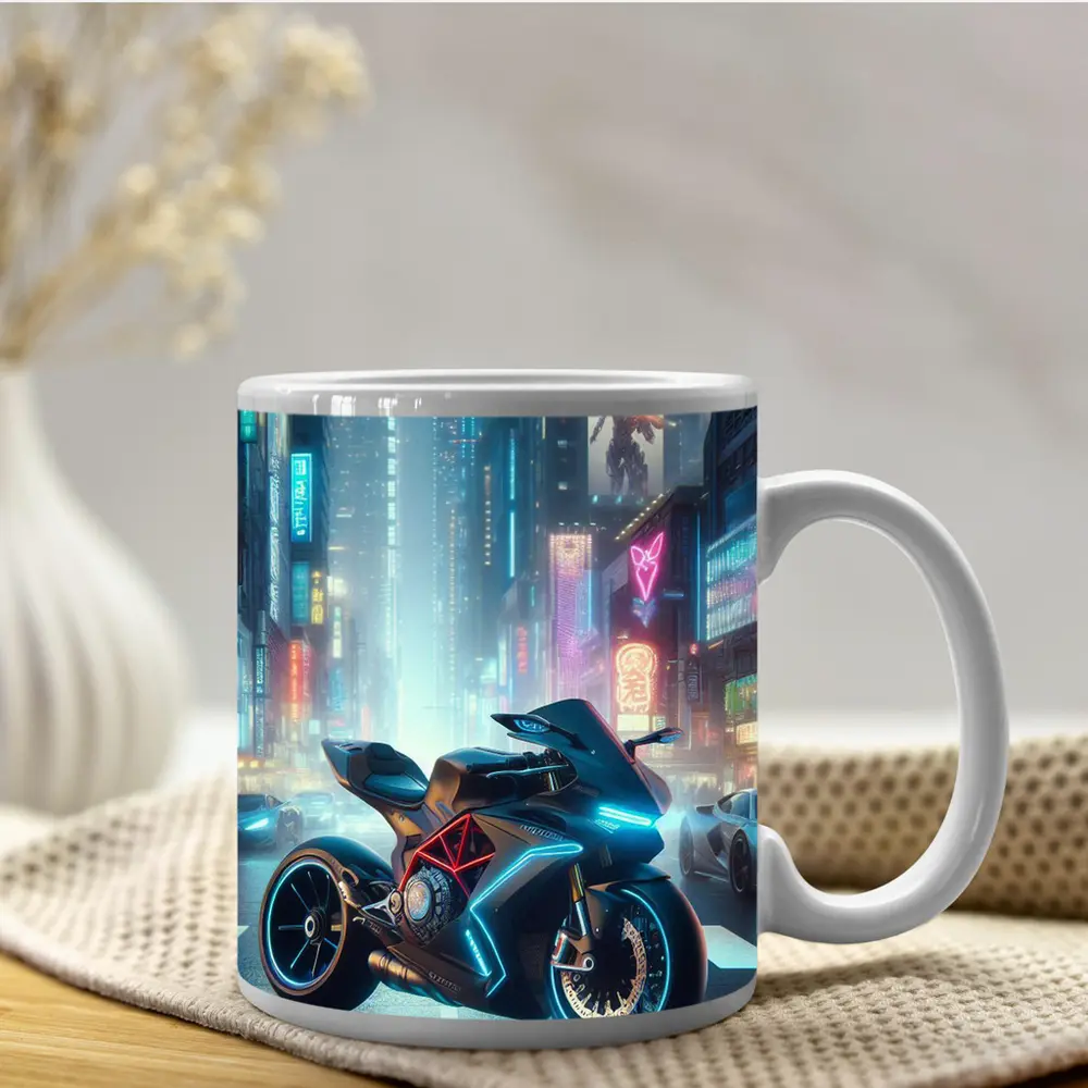 Futuristic Sport Bike Neon Cyberpunk City – Mugs