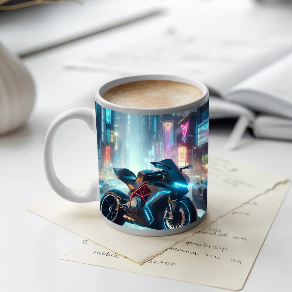 Futuristic Sport Bike Neon Cyberpunk City – Mugs