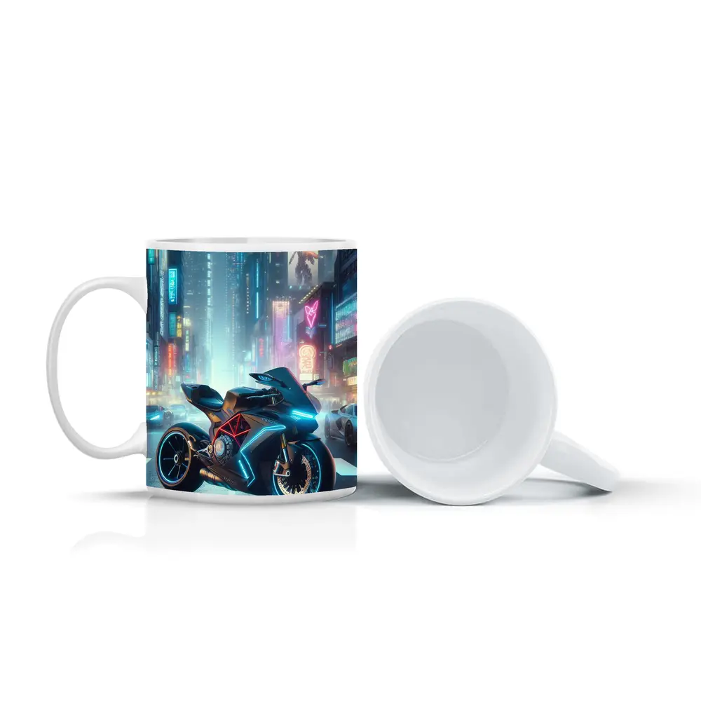 Futuristic Sport Bike Neon Cyberpunk City – Mugs