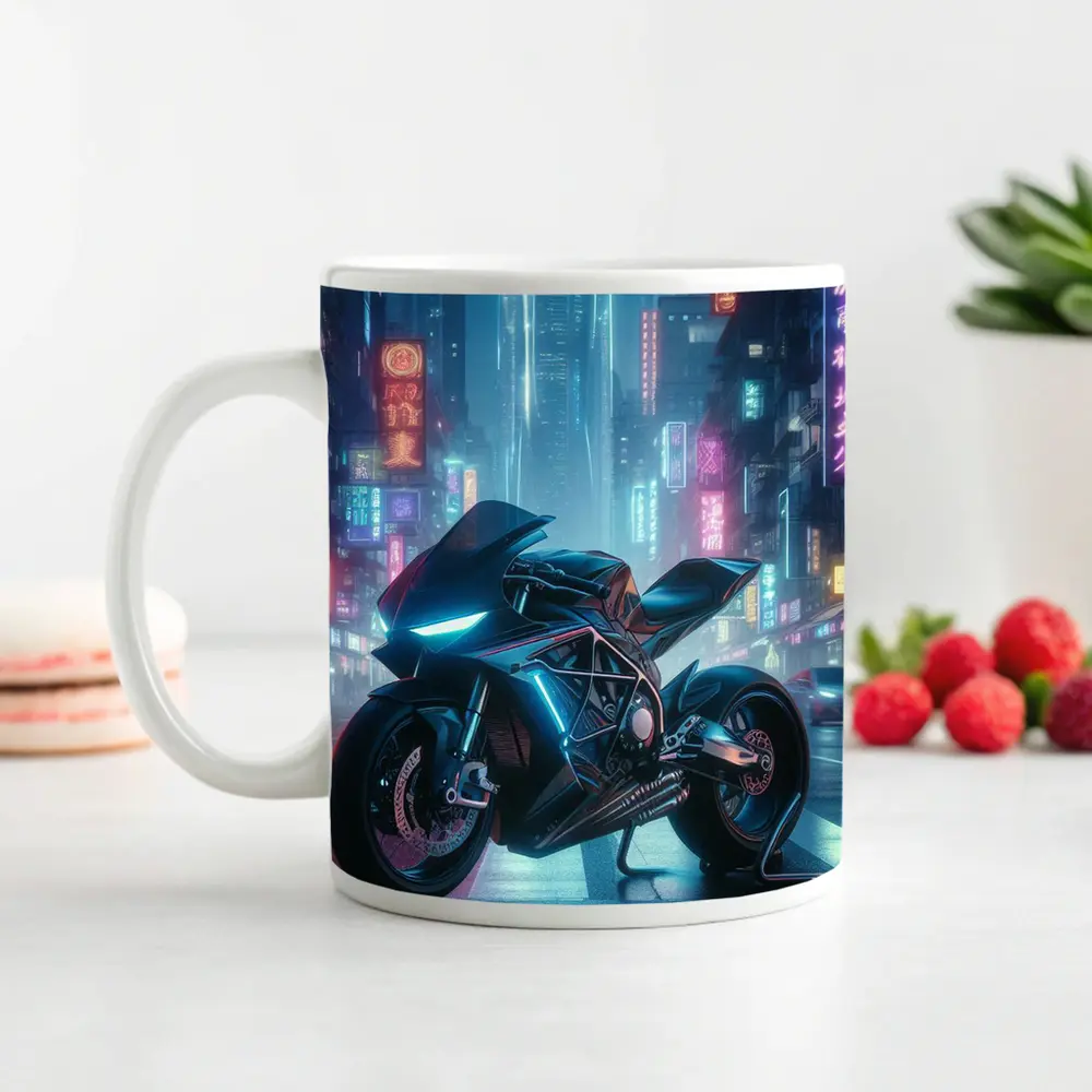Futuristic Sport Bike Cyberpunk Neon City – Mugs