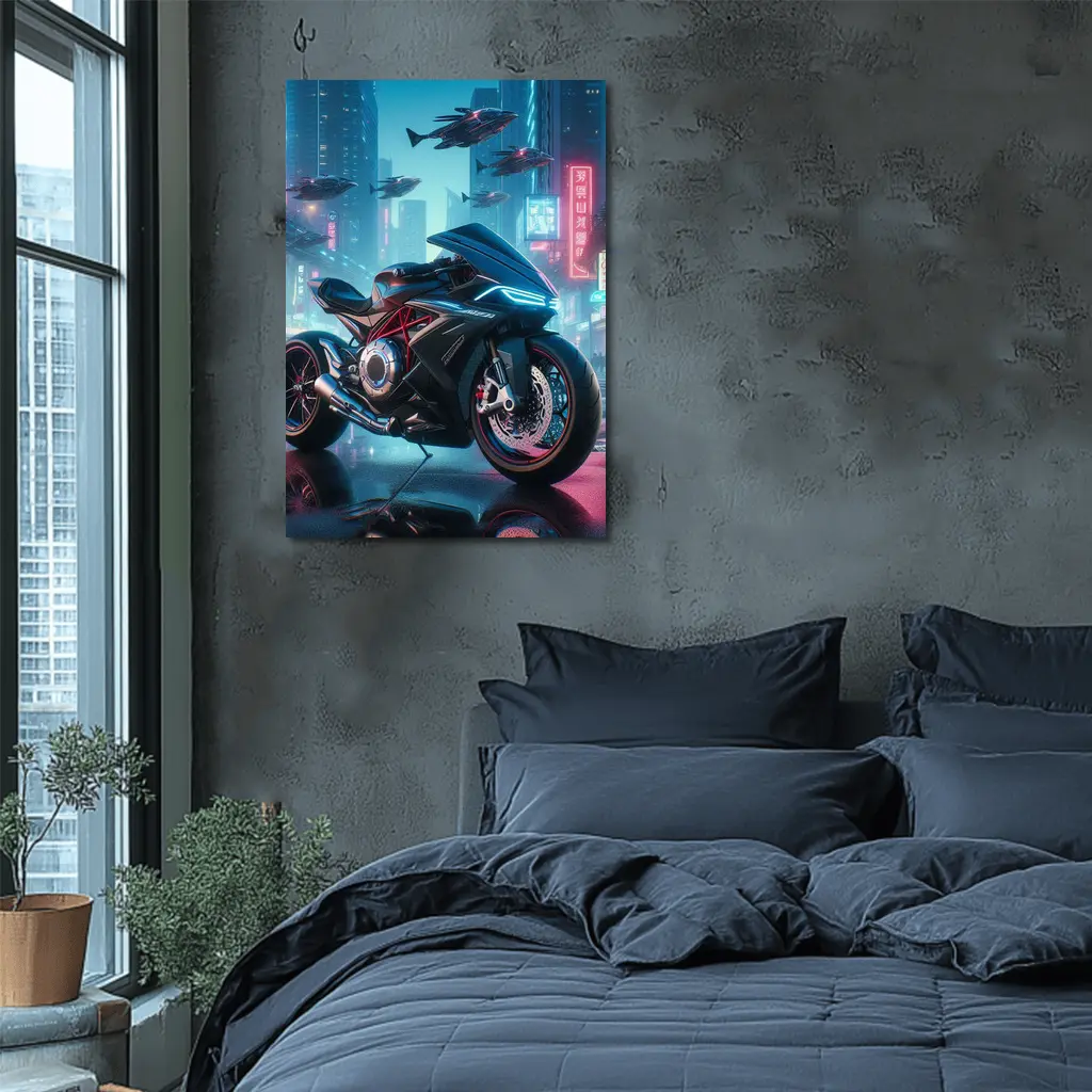 Futuristic Sport Bike Cyberpunk City Night – Wall Art