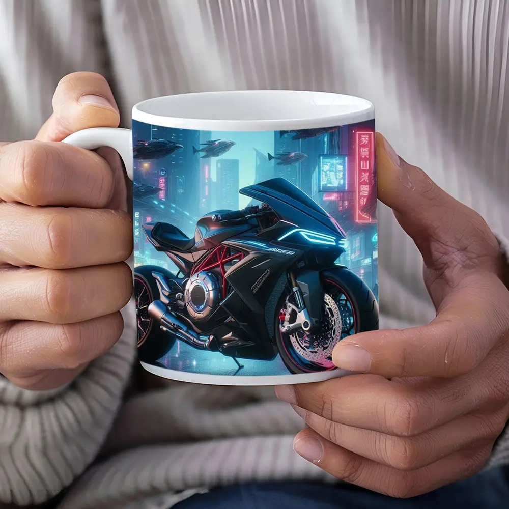 Futuristic Sport Bike Cyberpunk City Night – Mugs
