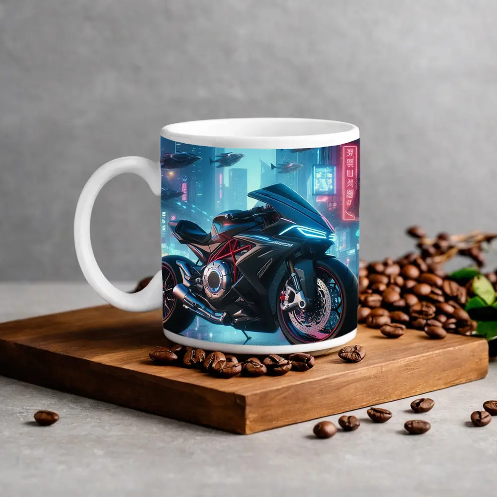 Futuristic Sport Bike Cyberpunk City Night – Mugs