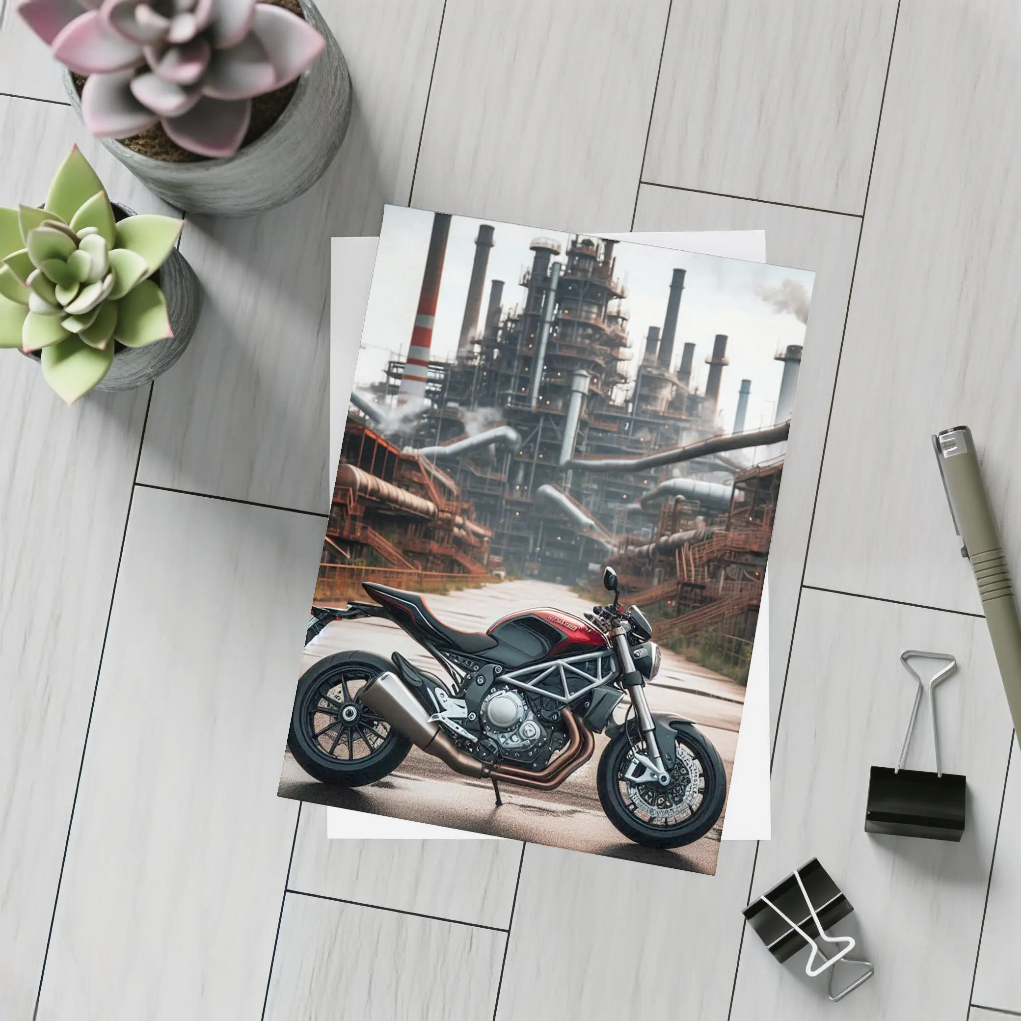 Red Ducati Monster Industrial Factory Background – Postcards