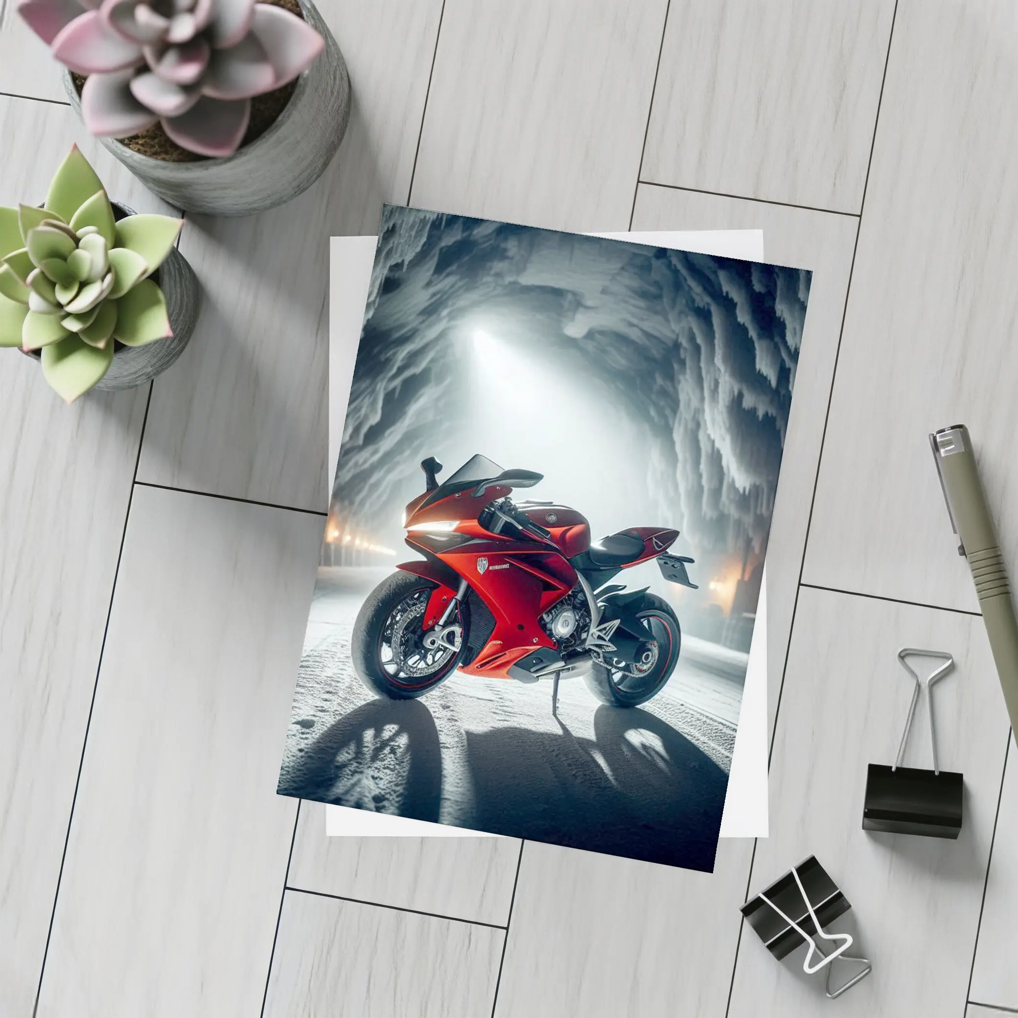 Red Sport Bike Inside Frozen Ice Cave – Postcards