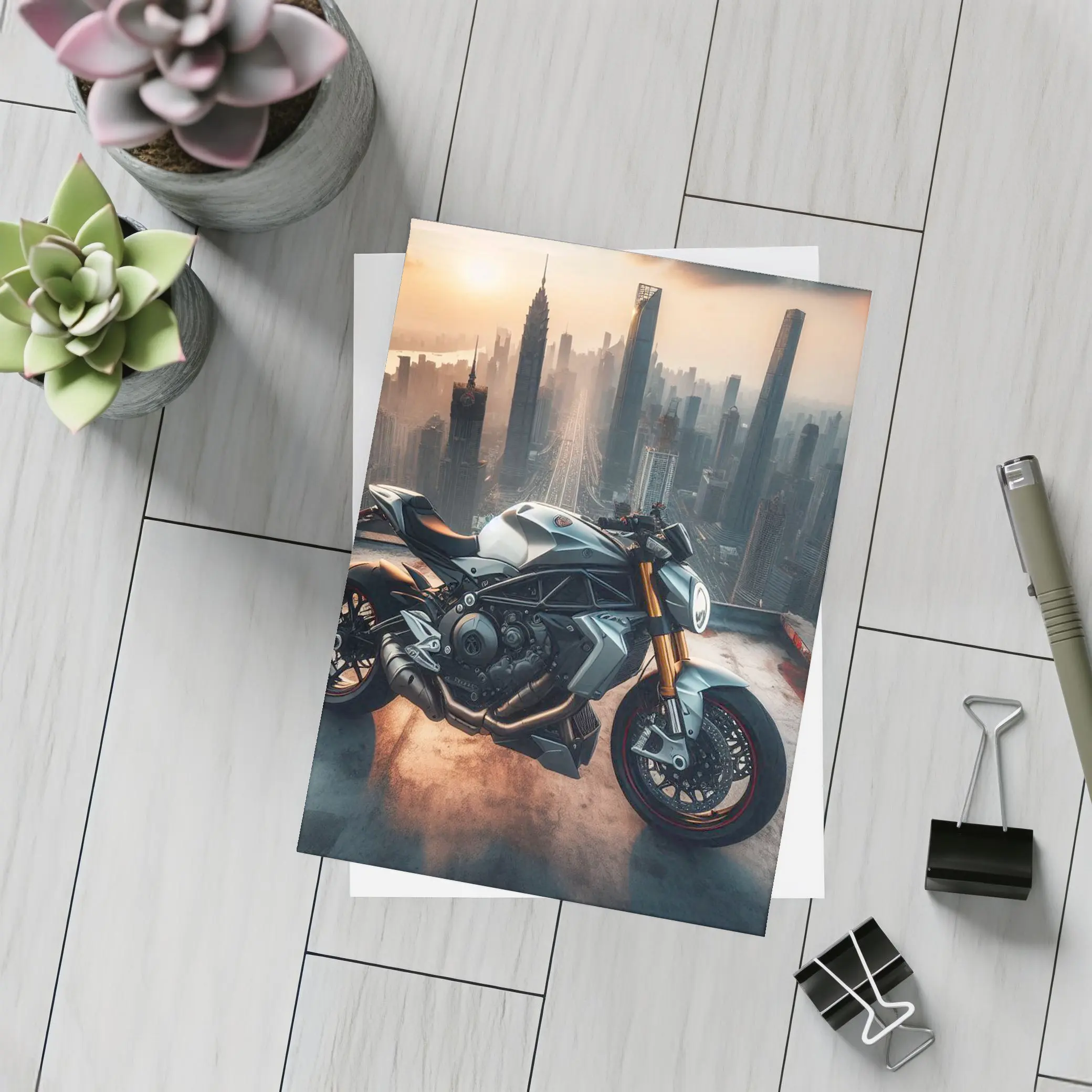 Naked Streetfighter Motorcycle City Skyline Sunset – Postcards
