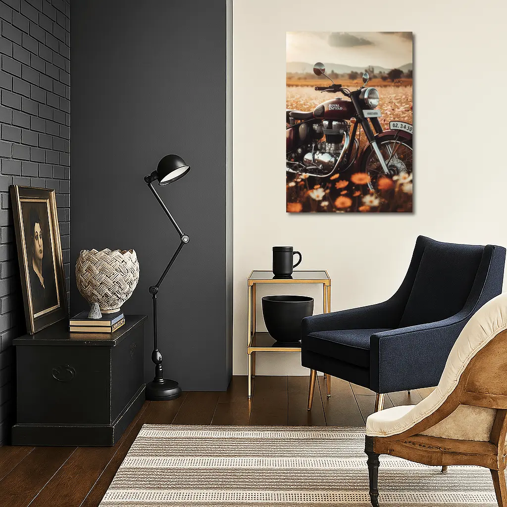 Royal Enfield Classic Motorcycle Wildflower Field – Wall Art