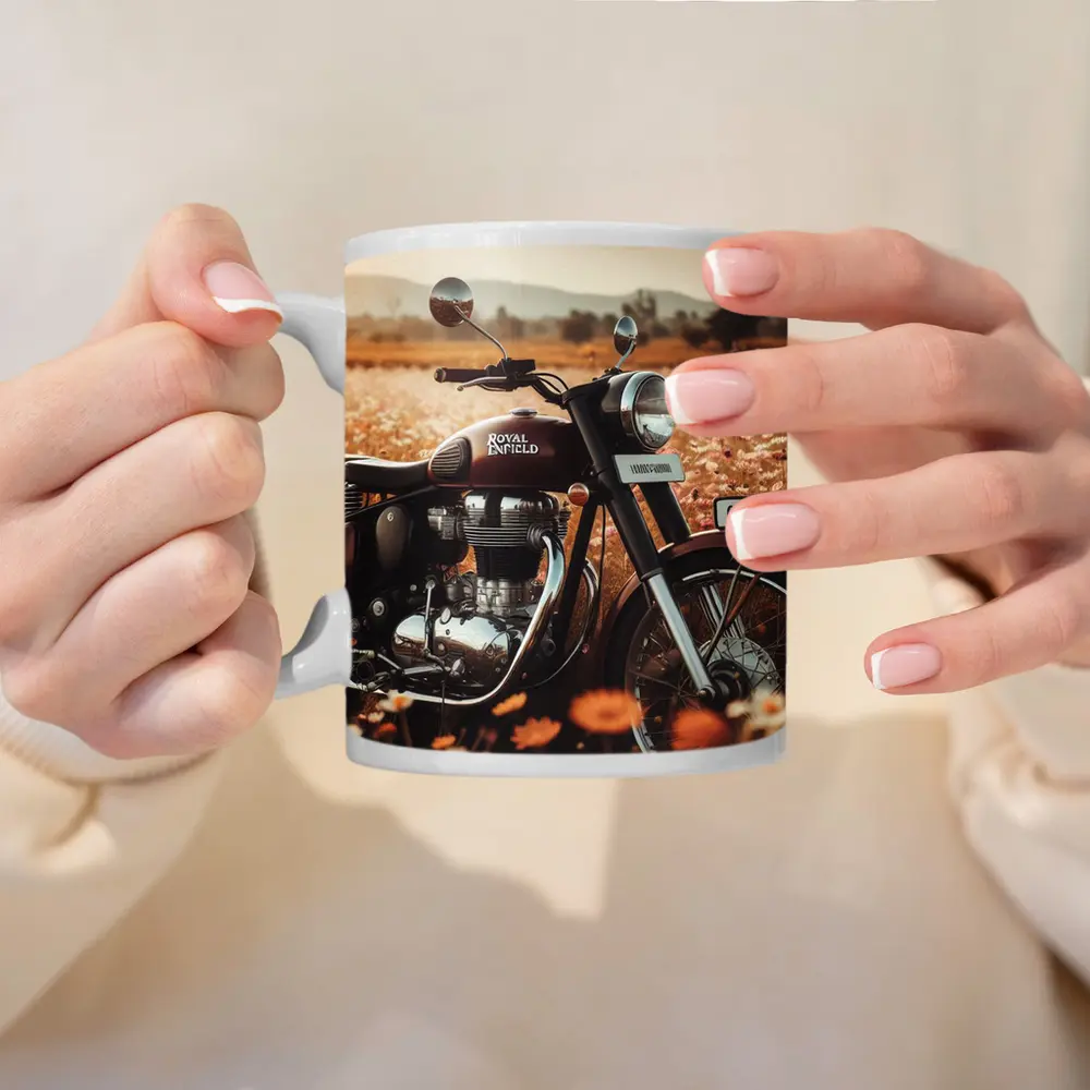 Royal Enfield Classic Motorcycle Wildflower Field – Mugs