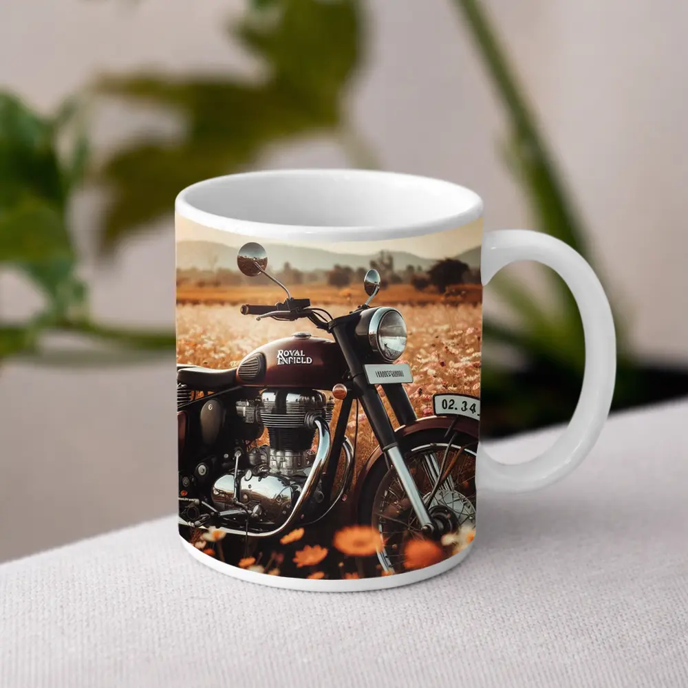 Royal Enfield Classic Motorcycle Wildflower Field – Mugs