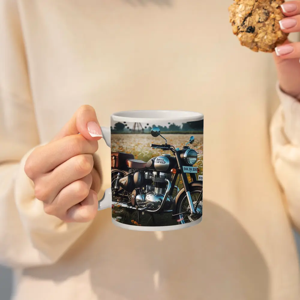 Royal Enfield Classic Motorcycle Wildflower Field – Mugs