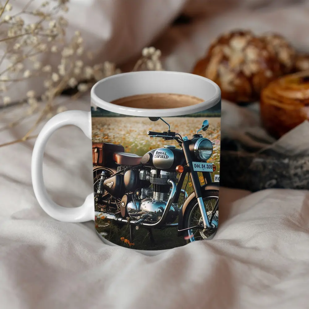 Royal Enfield Classic Motorcycle Wildflower Field – Mugs