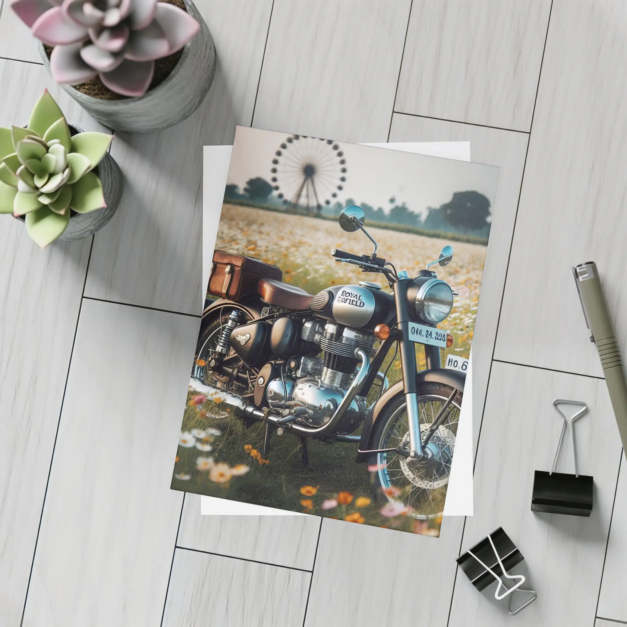 Royal Enfield Classic Motorcycle Wildflower Field – Postcards